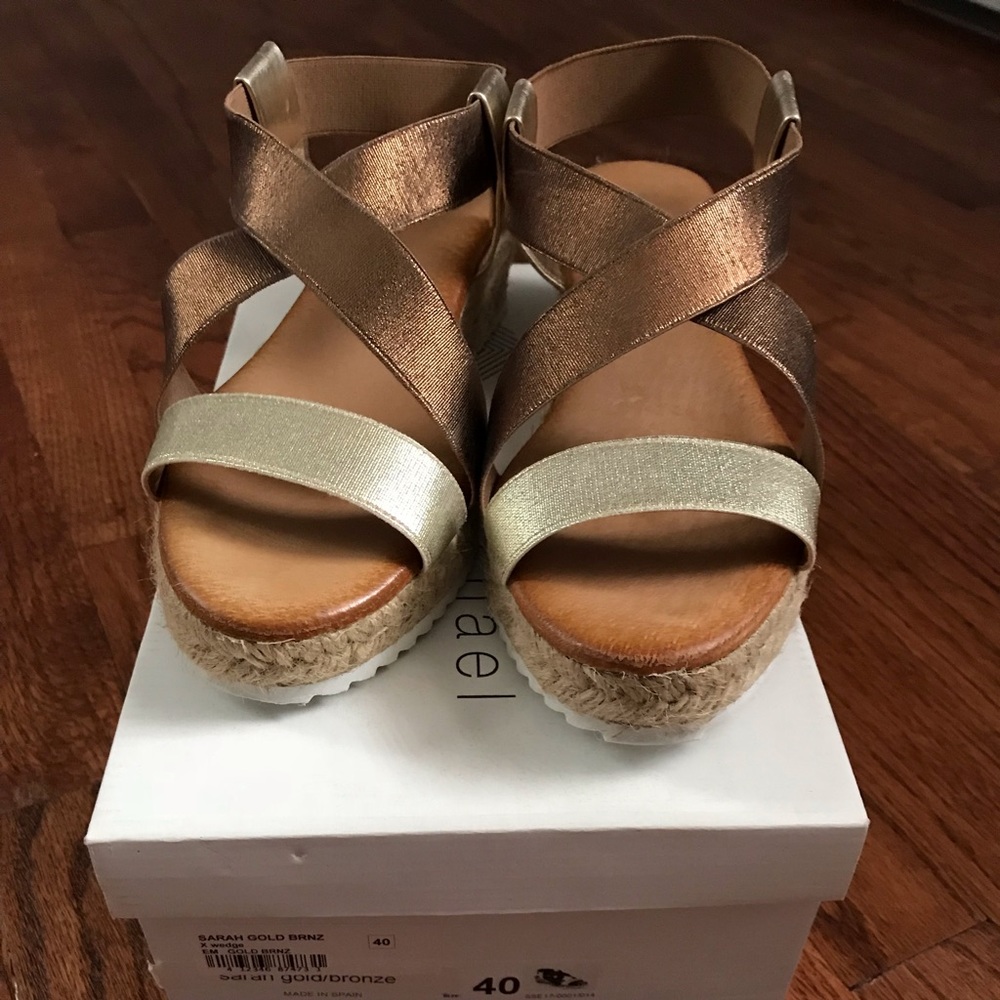 Eric Michael Gold and Bronze Wedge Sandals